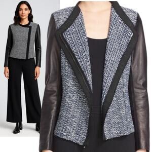 St. John Luxe Knit Jacket Black Leather Sleeves Quiet Luxury Old Money Size 10